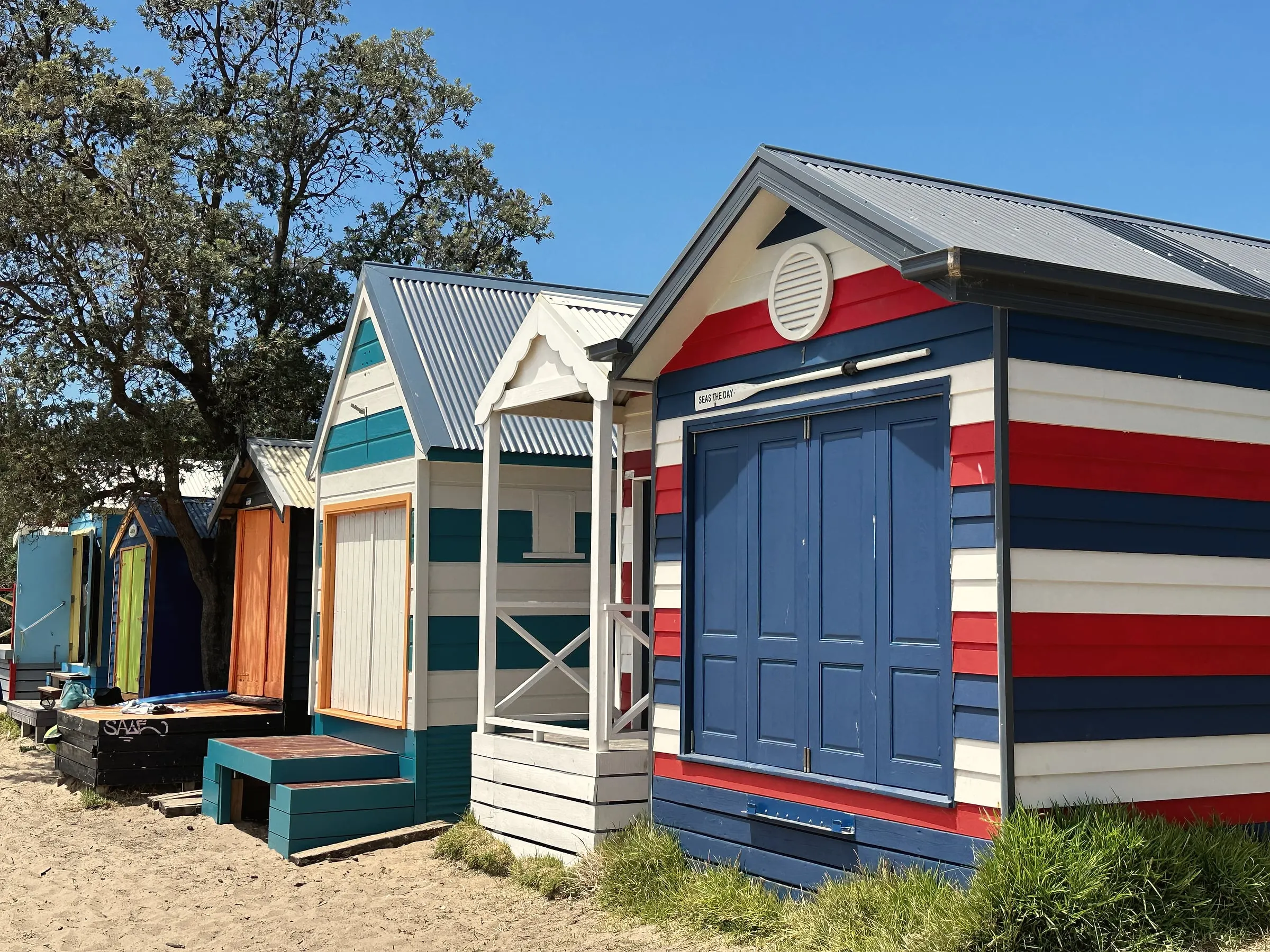 Bathing boxes painted in red, white and blue stripes beneath a gum tree and a blue sky